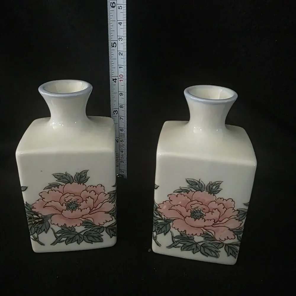 Vintage Japanese Floral Bud Vase Pair Pink Peony White Ceramic MCM Chinoiserie